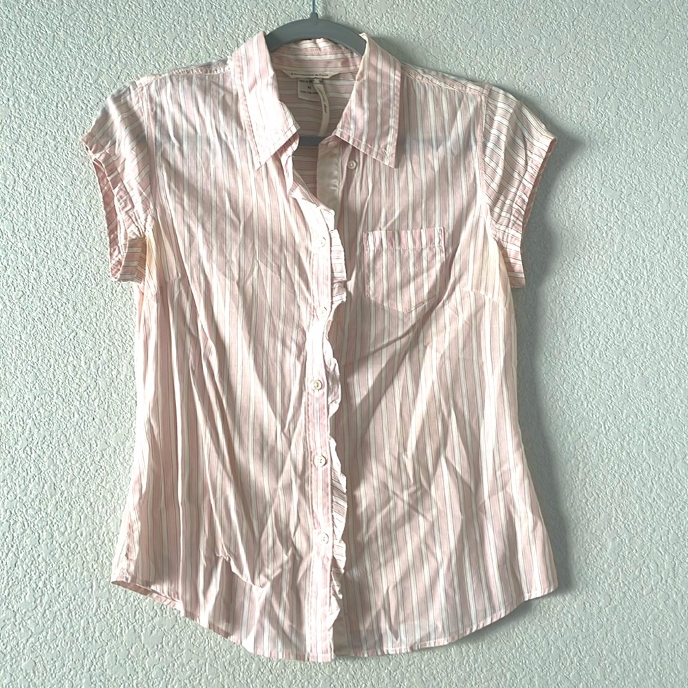Abercrombie & Fitch Pink White Stripes Short Sleeve Button-Down Shirt Sz M Women